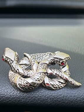 Silver-Tone Double Entwined Snake Brooch with Red Rhinestone Eyes